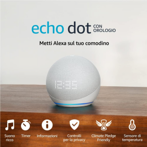 Echo Dot con orologio (5Âª generazione, modello 2022) | Altoparlante intelligente Wi-Fi e Bluetooth, suono piÃ¹ potente e dinamico, con orologio e Alexa | Bianco ghiaccio